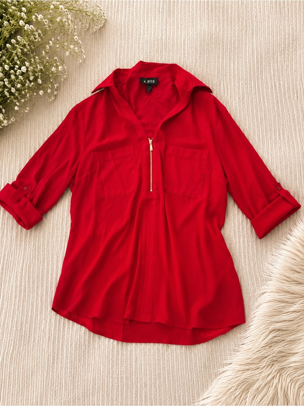 A. Byer Women's Red Zip-Front Blouse